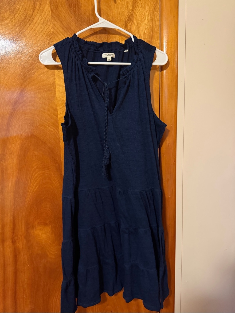 Sleeveless Navy Tiered Dress with Tassel Tie